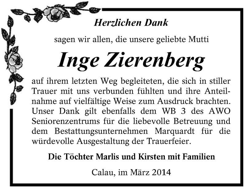  Traueranzeige für Inge Zierenberg vom 08.03.2014 aus lausitzer_rundschau