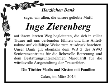 Traueranzeige von Inge Zierenberg von lausitzer_rundschau