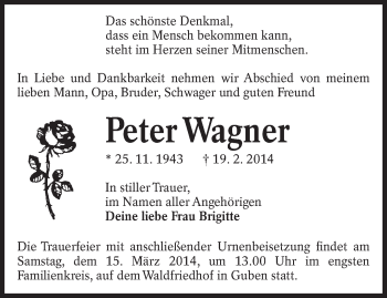 Traueranzeige von Peter Wagner von lausitzer_rundschau