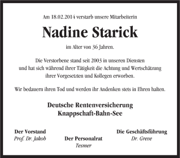 Traueranzeige von Nadine Starick von lausitzer_rundschau