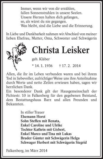 Traueranzeige von Christa Leisker von lausitzer_rundschau