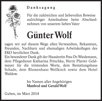 Traueranzeige von Günter Wolf von lausitzer_rundschau