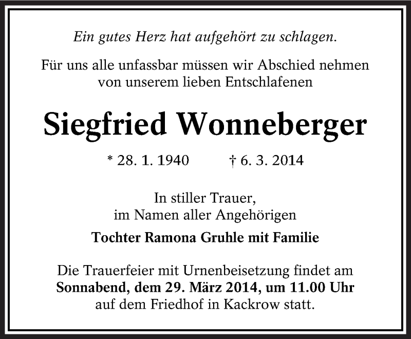  Traueranzeige für Siegfried Wonneberger vom 15.03.2014 aus lausitzer_rundschau