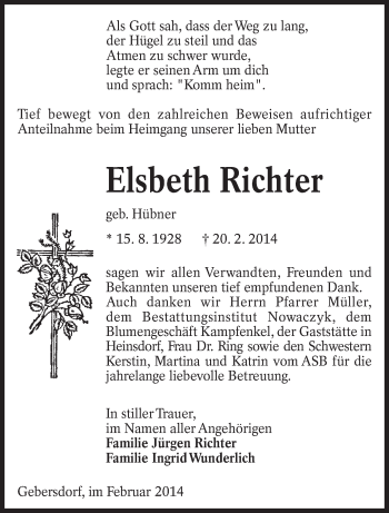 Traueranzeige von Elsbeth Richter von lausitzer_rundschau