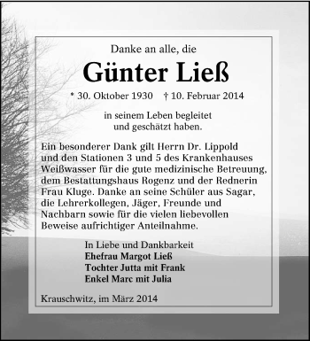 Traueranzeige von Günter Ließ von lausitzer_rundschau
