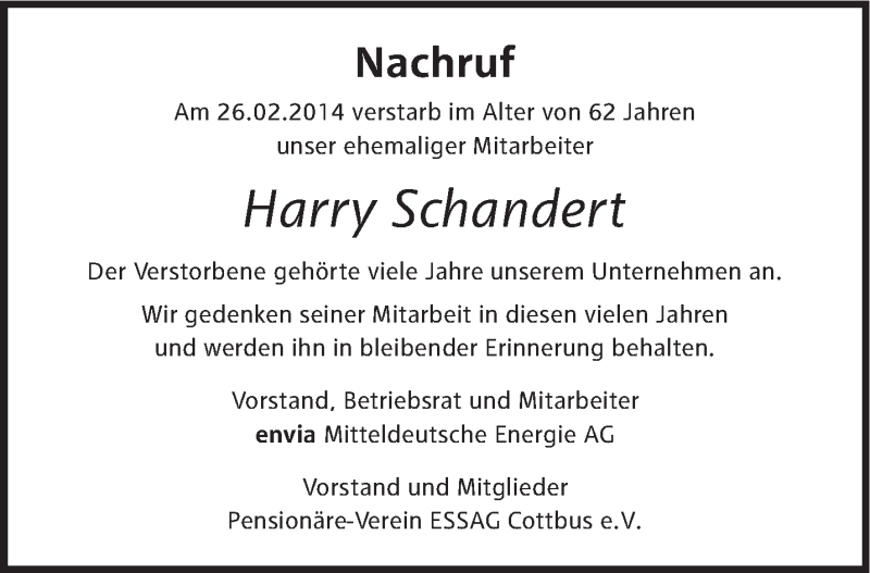  Traueranzeige für Harry Schandert vom 15.03.2014 aus lausitzer_rundschau