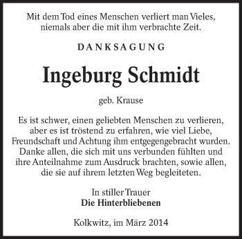 Traueranzeige von Ingeburg Schmidt von lausitzer_rundschau