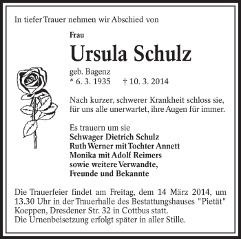 Traueranzeige von Ursula Schulz von lausitzer_rundschau