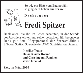 Traueranzeige von Fredi Spitzer von lausitzer_rundschau