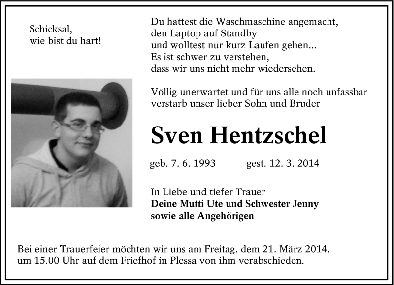 Traueranzeige für Sven Hentzschel vom 19.03.2014 aus lausitzer_rundschau