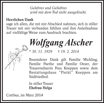 Traueranzeige von Wolfgang Alscher von lausitzer_rundschau