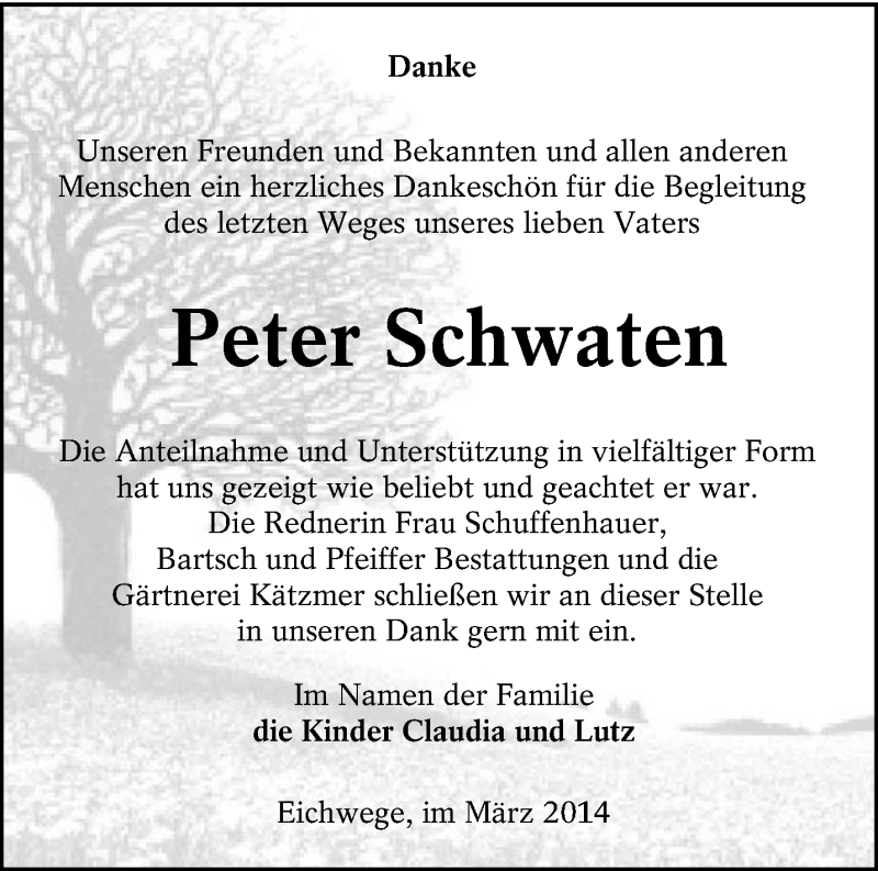  Traueranzeige für Peter Schwaten vom 23.03.2014 aus lausitzer_rundschau