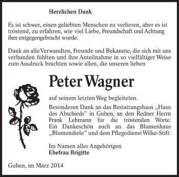 Traueranzeige von Peter Wagner von lausitzer_rundschau