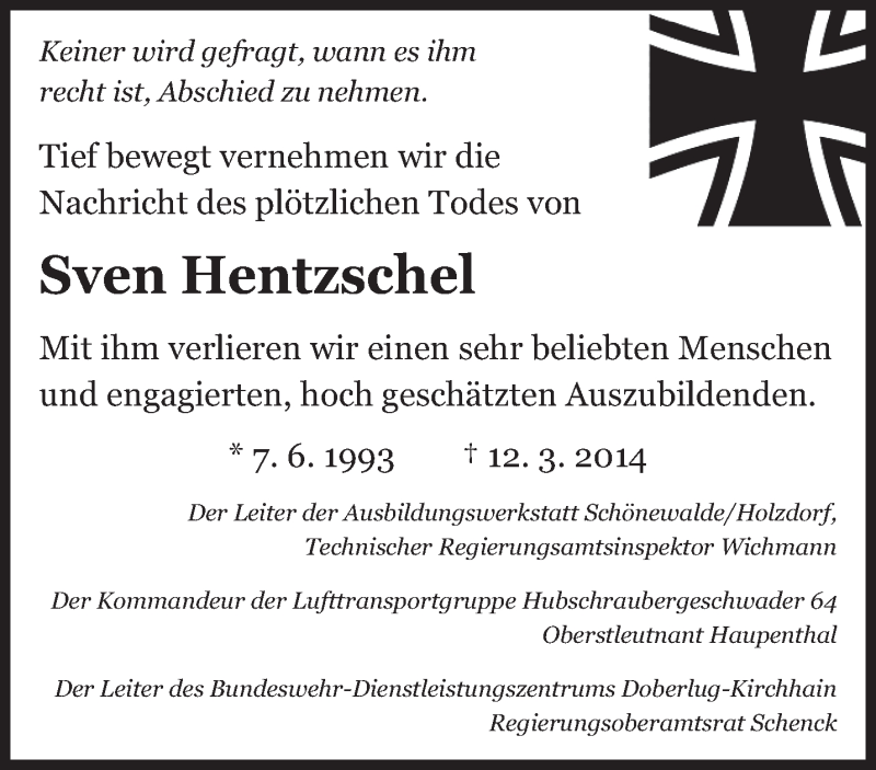  Traueranzeige für Sven Hentzschel vom 29.03.2014 aus lausitzer_rundschau