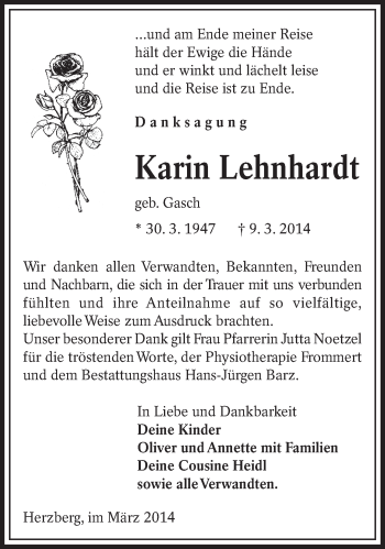 Traueranzeige von Karin Lehnhardt von lausitzer_rundschau