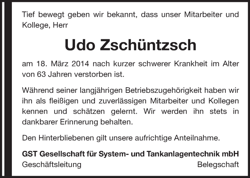  Traueranzeige für Udo Zschüntzsch vom 26.03.2014 aus lausitzer_rundschau
