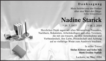Traueranzeige von Nadine Starick von lausitzer_rundschau