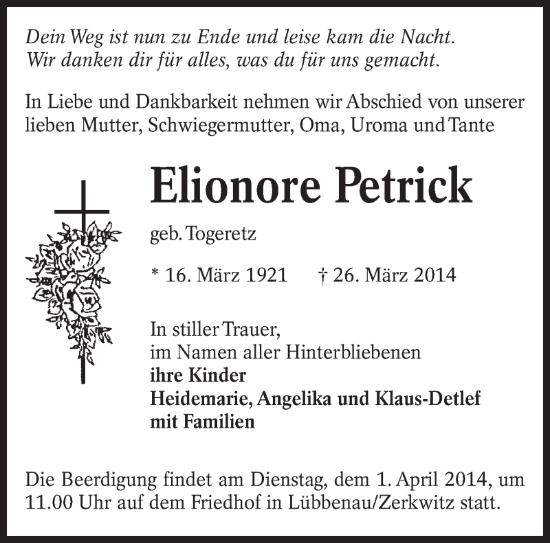  Traueranzeige für Elionore Petrick vom 29.03.2014 aus lausitzer_rundschau