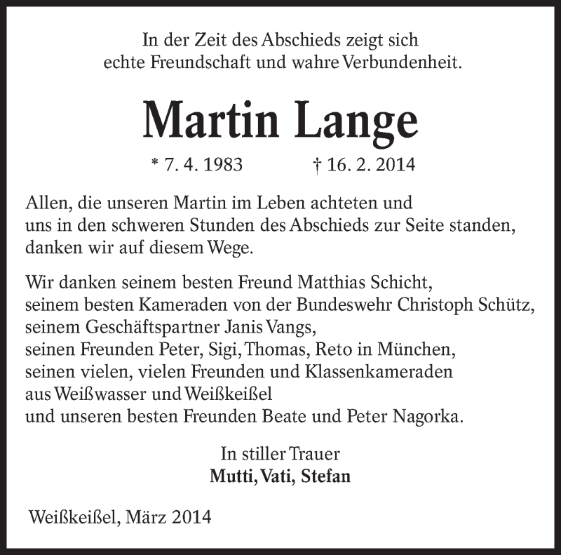  Traueranzeige für Martin Lange vom 05.04.2014 aus lausitzer_rundschau