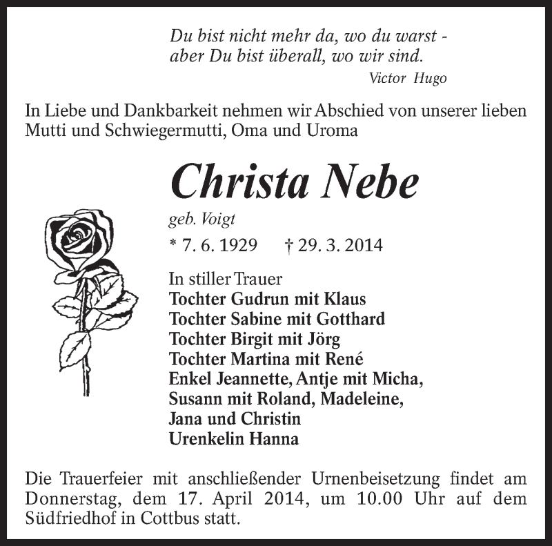  Traueranzeige für Christa Nebe vom 05.04.2014 aus lausitzer_rundschau