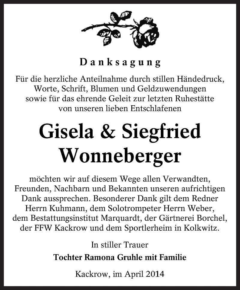  Traueranzeige für Gisela und Siegfried Wonneberger vom 05.04.2014 aus lausitzer_rundschau