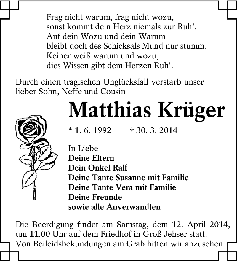  Traueranzeige für Matthias Krüger vom 05.04.2014 aus lausitzer_rundschau