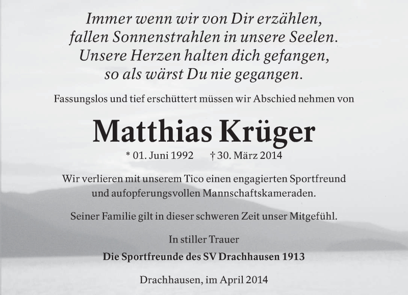  Traueranzeige für Matthias Krüger vom 08.04.2014 aus lausitzer_rundschau