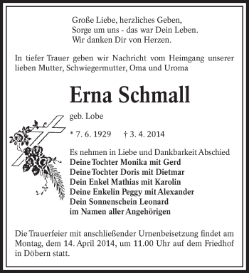 Traueranzeige von Erna Schmall von lausitzer_rundschau