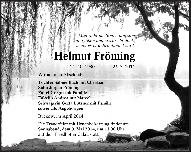  Traueranzeige für Helmut Fröming vom 12.04.2014 aus lausitzer_rundschau