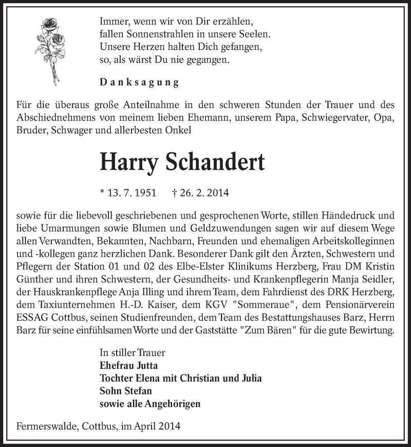  Traueranzeige für Harry Schandert vom 16.04.2014 aus lausitzer_rundschau