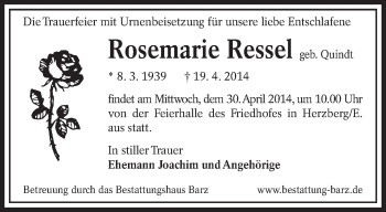 Traueranzeige von Rosemarie Ressel von lausitzer_rundschau