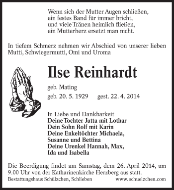 Traueranzeige von Ilse Reinhardt von lausitzer_rundschau