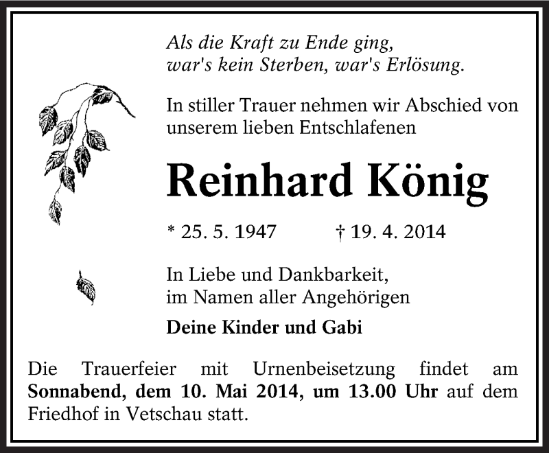  Traueranzeige für Reinhard König vom 27.04.2014 aus lausitzer_rundschau