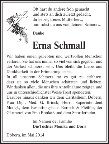 Traueranzeige von Erna Schmall von lausitzer_rundschau