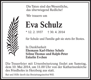 Traueranzeige von Eva Schulz von lausitzer_rundschau