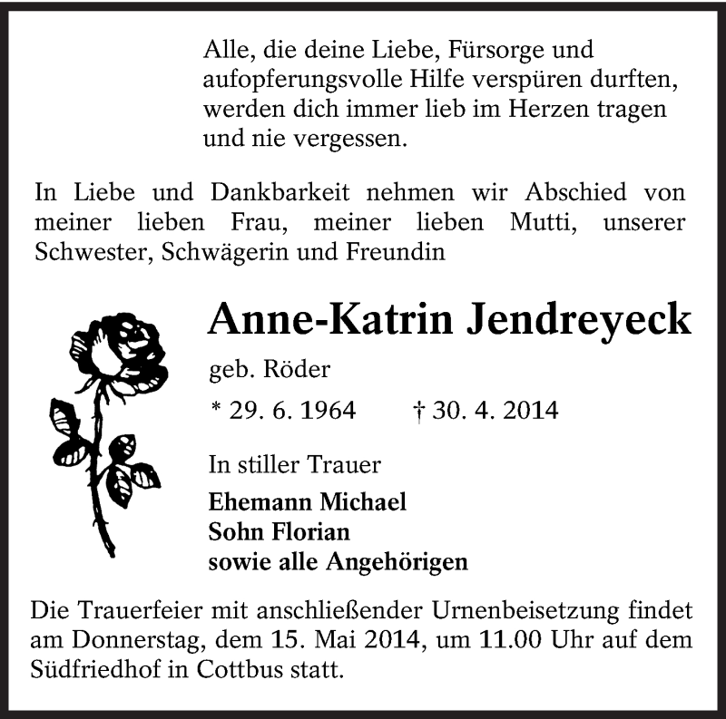  Traueranzeige für Anne-Katrin Jendreyeck vom 08.05.2014 aus lausitzer_rundschau