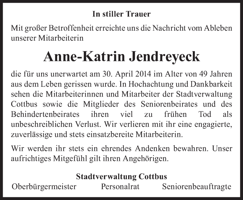  Traueranzeige für Anne-Katrin Jendreyeck vom 09.05.2014 aus lausitzer_rundschau