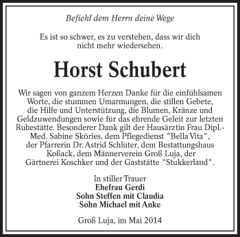 Traueranzeige von Horst Schubert von lausitzer_rundschau