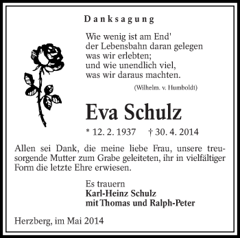 Traueranzeige von Eva Schulz von lausitzer_rundschau