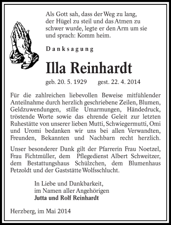 Traueranzeige von Illa Reinhardt von lausitzer_rundschau