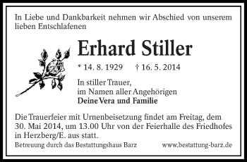 Traueranzeige von Erhard Stiller von lausitzer_rundschau