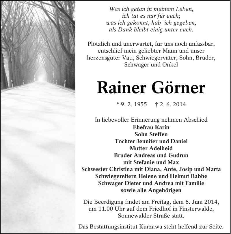  Traueranzeige für Rainer Görner vom 04.06.2014 aus lausitzer_rundschau