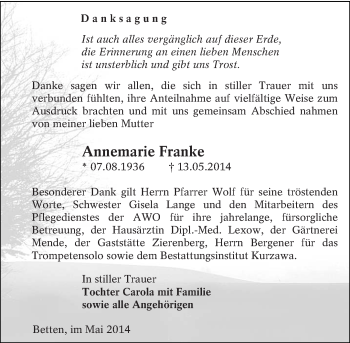 Traueranzeige von Annemarie Franke von lausitzer_rundschau