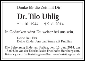 Traueranzeige von Tilo Uhlig von lausitzer_rundschau