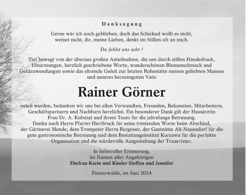  Traueranzeige für Rainer Görner vom 14.06.2014 aus lausitzer_rundschau