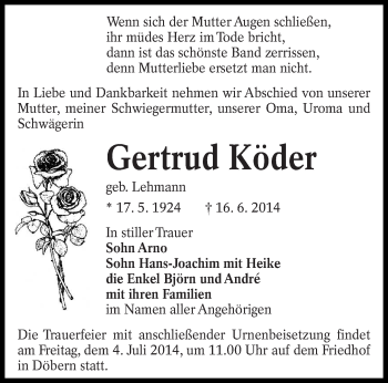 Traueranzeige von Gertrud Köder von lausitzer_rundschau