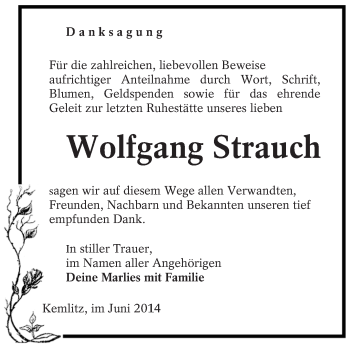 Traueranzeige von Wolfgang Strauch von lausitzer_rundschau