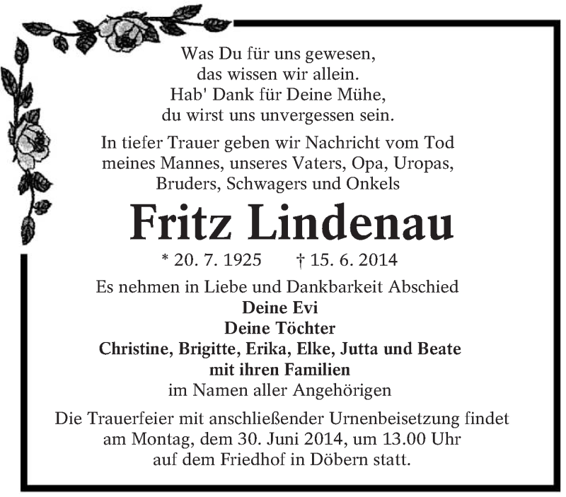  Traueranzeige für Fritz Lindenau vom 22.06.2014 aus lausitzer_rundschau
