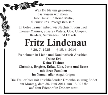 Traueranzeige von Fritz Lindenau von lausitzer_rundschau