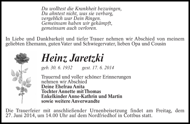  Traueranzeige für Heinz Jaretzki vom 21.06.2014 aus lausitzer_rundschau
